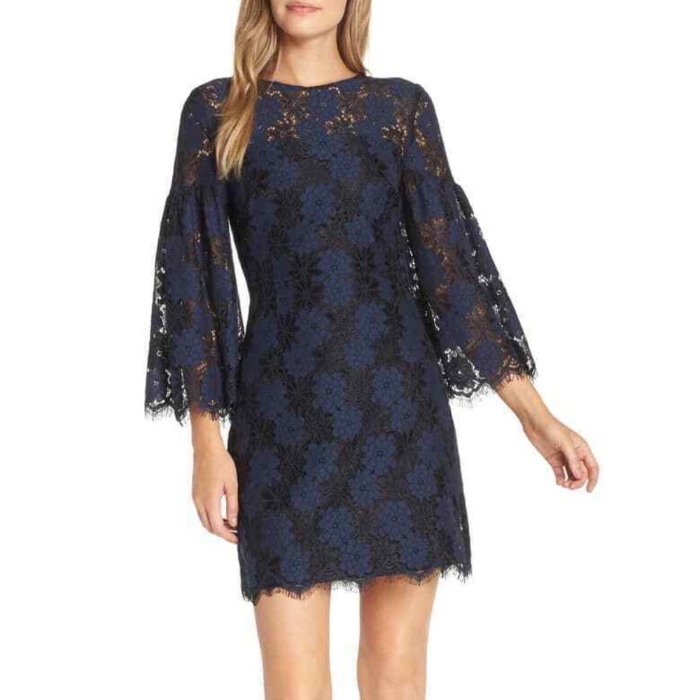 Trina Turk Embroidered Sheer Bell Sleeve 2-Tone Blue Black Lace Dress 4 Small